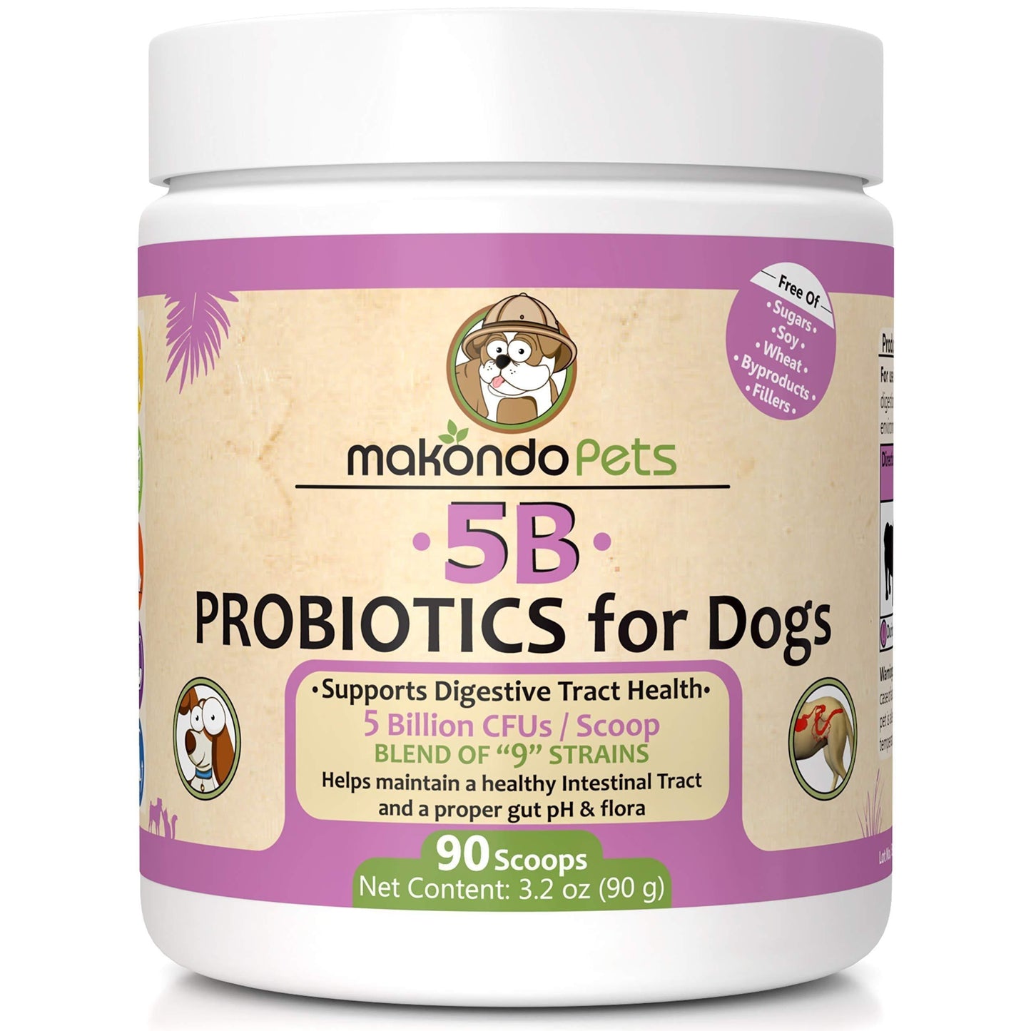 White container of DogHealthStore.com Extra Strength Probiotics for Dogs and Puppies, featuring 9 species and 5 billion CFU per scoop, with 90 scoops included, supports digestive health and is veterinarian formulated.