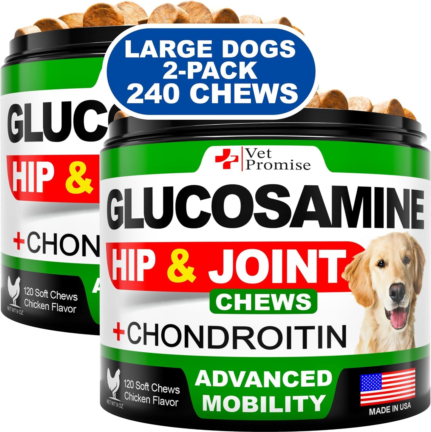 Two containers of DogHealthStore.com Glucosamine and Chondroitin Hip and Joint Supplement for Dogs, 2 pack with 240 chews total, support advanced mobility in large dogs.