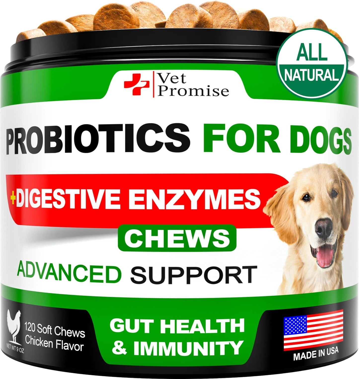 A container of DogHealthStore.com Probiotic Chews for Dogs offers 120 soft chews for gut health, skin relief, allergy management, and immune support—featuring probiotics and enzymes; label includes a dog image and American flag.