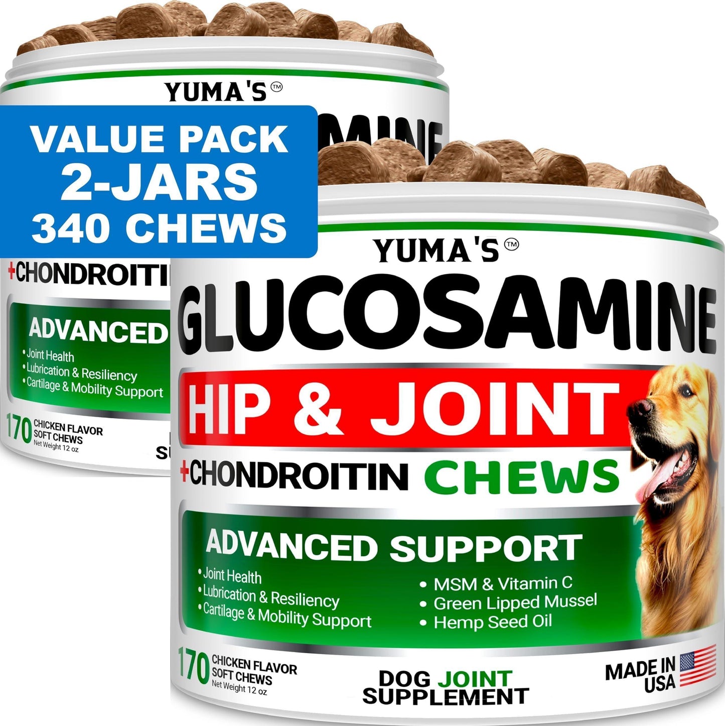 Two containers of DogHealthStore.com Glucosamine and Chondroitin Joint Pain Relief for Dogs (2 Pack, Made in the USA) offer 340 chews per value pack to support your pets mobility and comfort.
