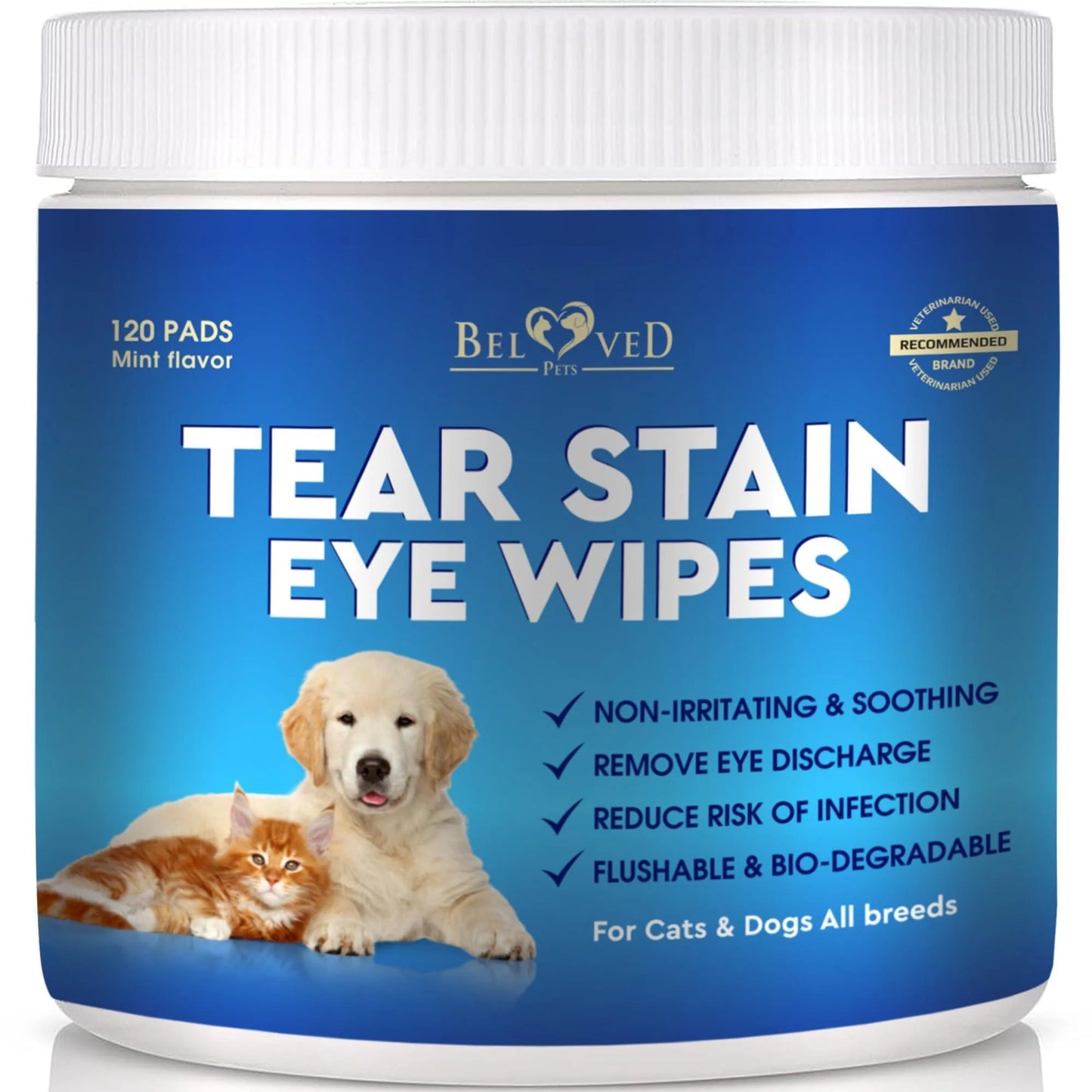 A 120-pad container of DogHealthStore.com Cat Dog Eye Wash Wipes Tear Stain Remover Cleaner Eye Infection Treatment, featuring non-irritating, soothing, and flushable pads with dog and cat images on the label.
