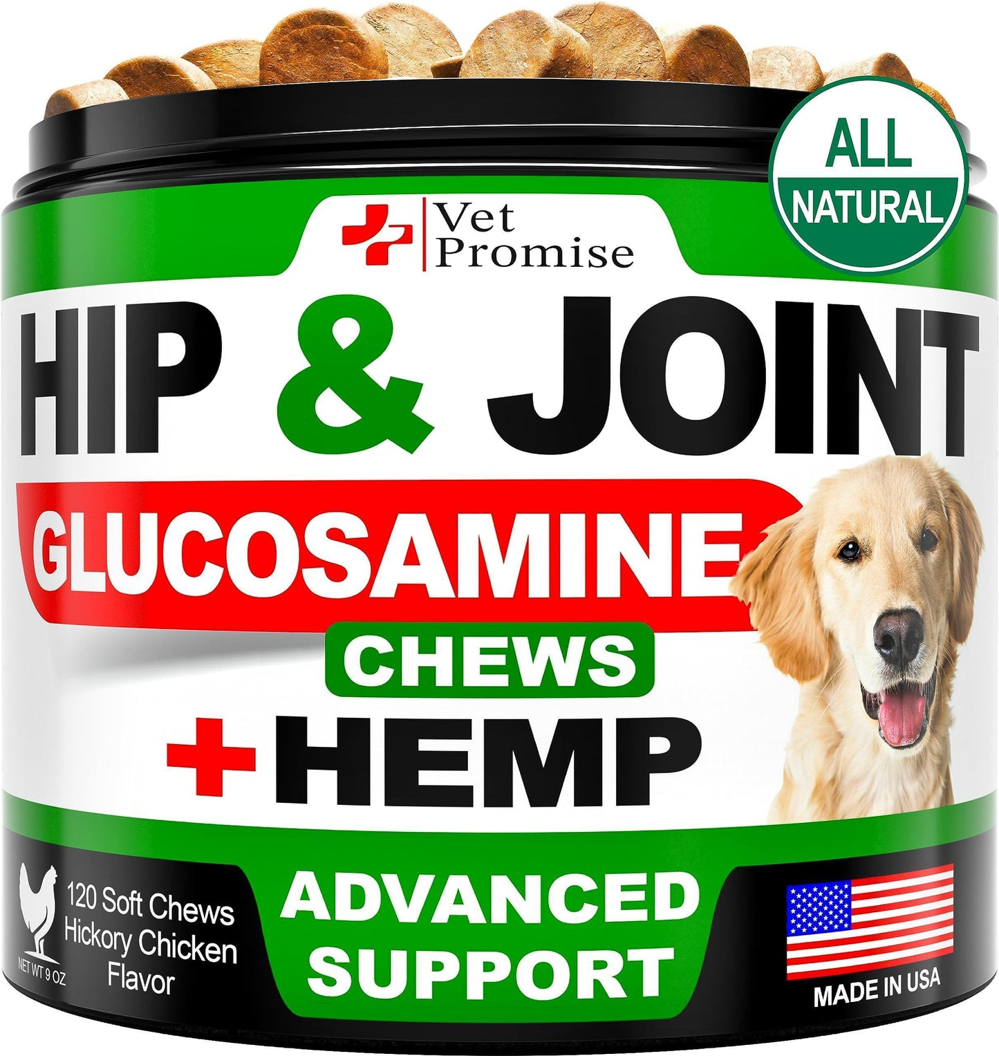 A container of Vet Promise Hemp-Based Hip and Joint Support Supplement for Dogs with Glucosamine—120 chews—features a dog image, detailed product info, and an American flag to emphasize advanced joint care.