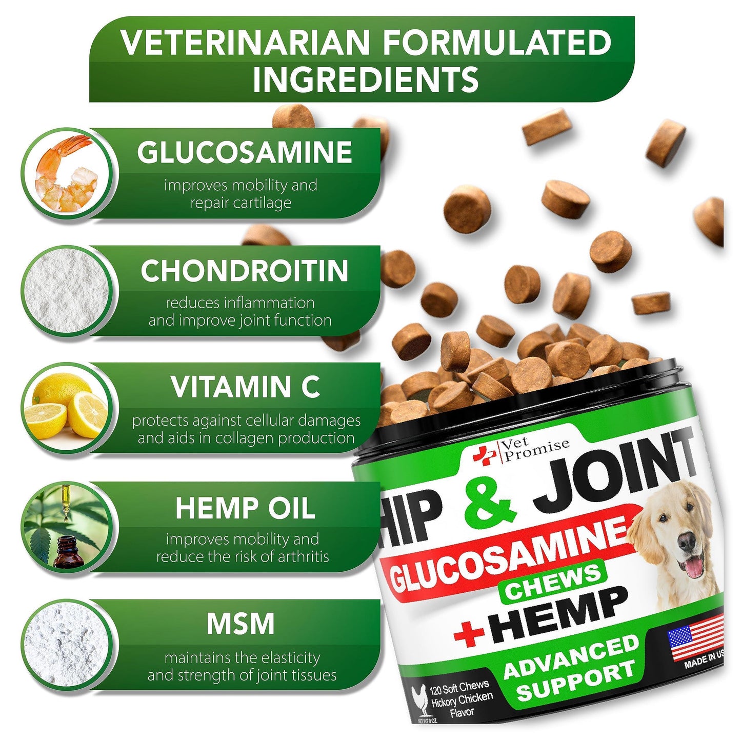 Hemp-Based Hip and Joint Support Supplement for Dogs with Glucosamine - 120 Chews
