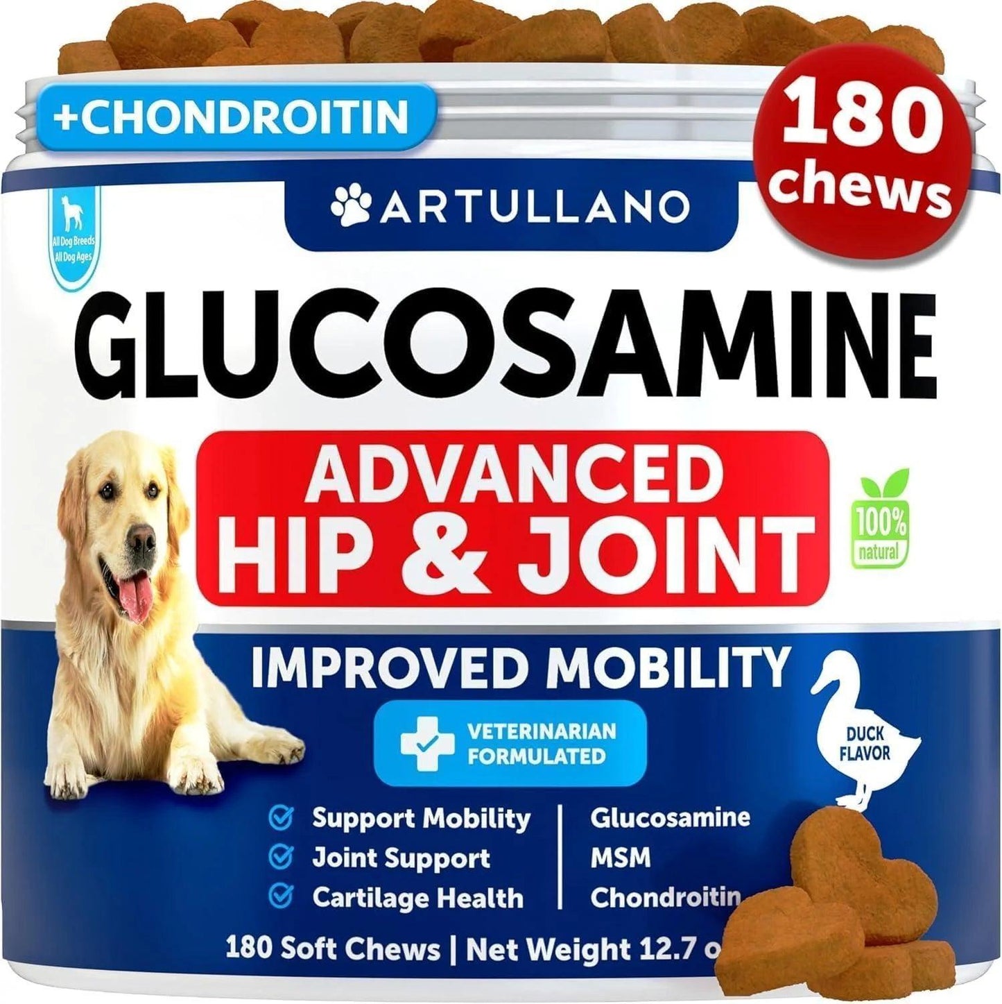 DogHealthStore.com Glucosamine for Dogs Hip and Joint Supplement chews provide arthritis relief, enhanced mobility, and chondroitin support in a tasty duck flavor; 180 chews per pack.