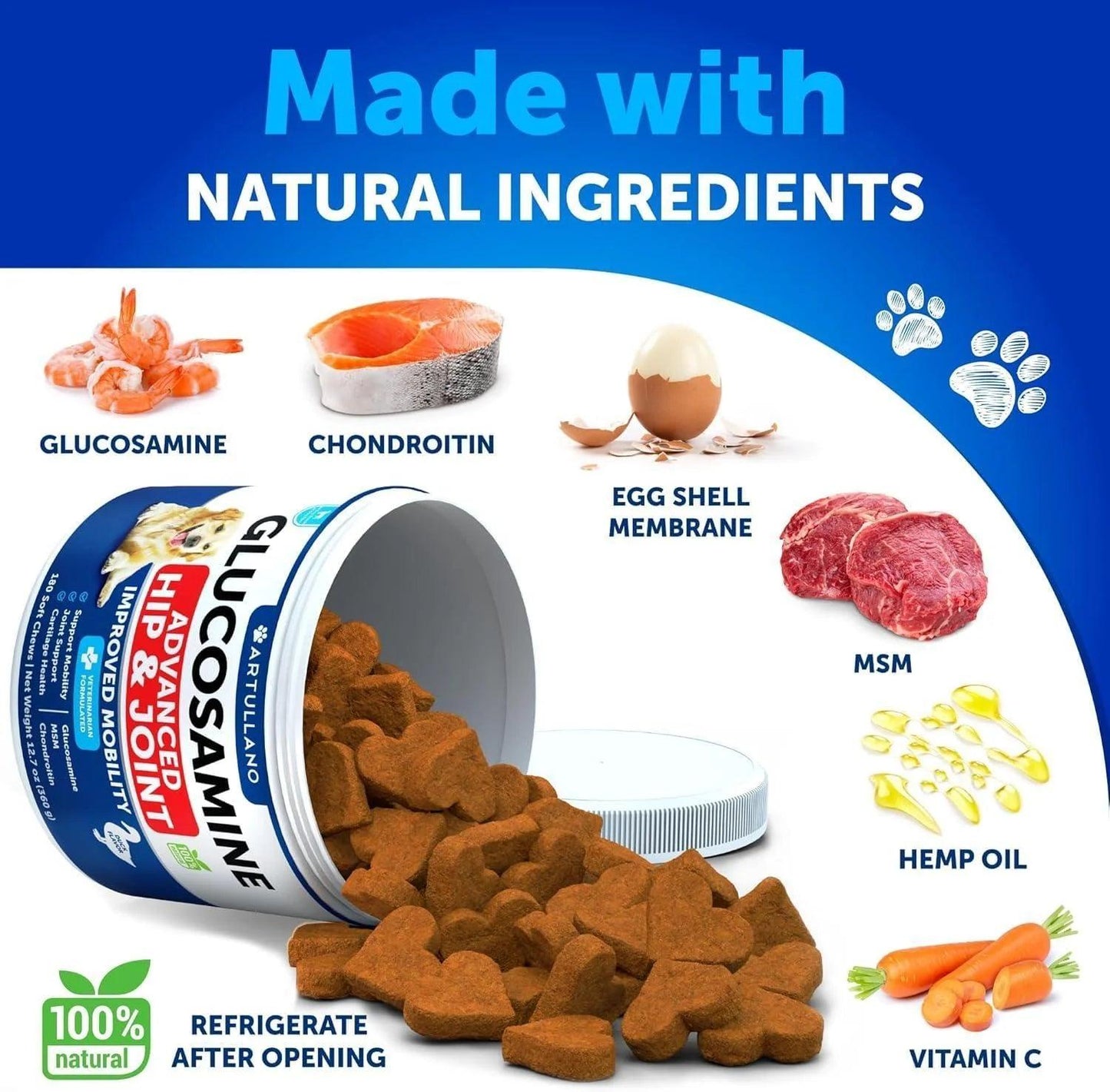 An open container of DogHealthStore.com Glucosamine for Dogs Hip and Joint Supplement chews is displayed with natural ingredients like fish, shrimp, eggshell membrane, beef, hemp oil, and vitamin C. Highlights include arthritis pain relief benefits.