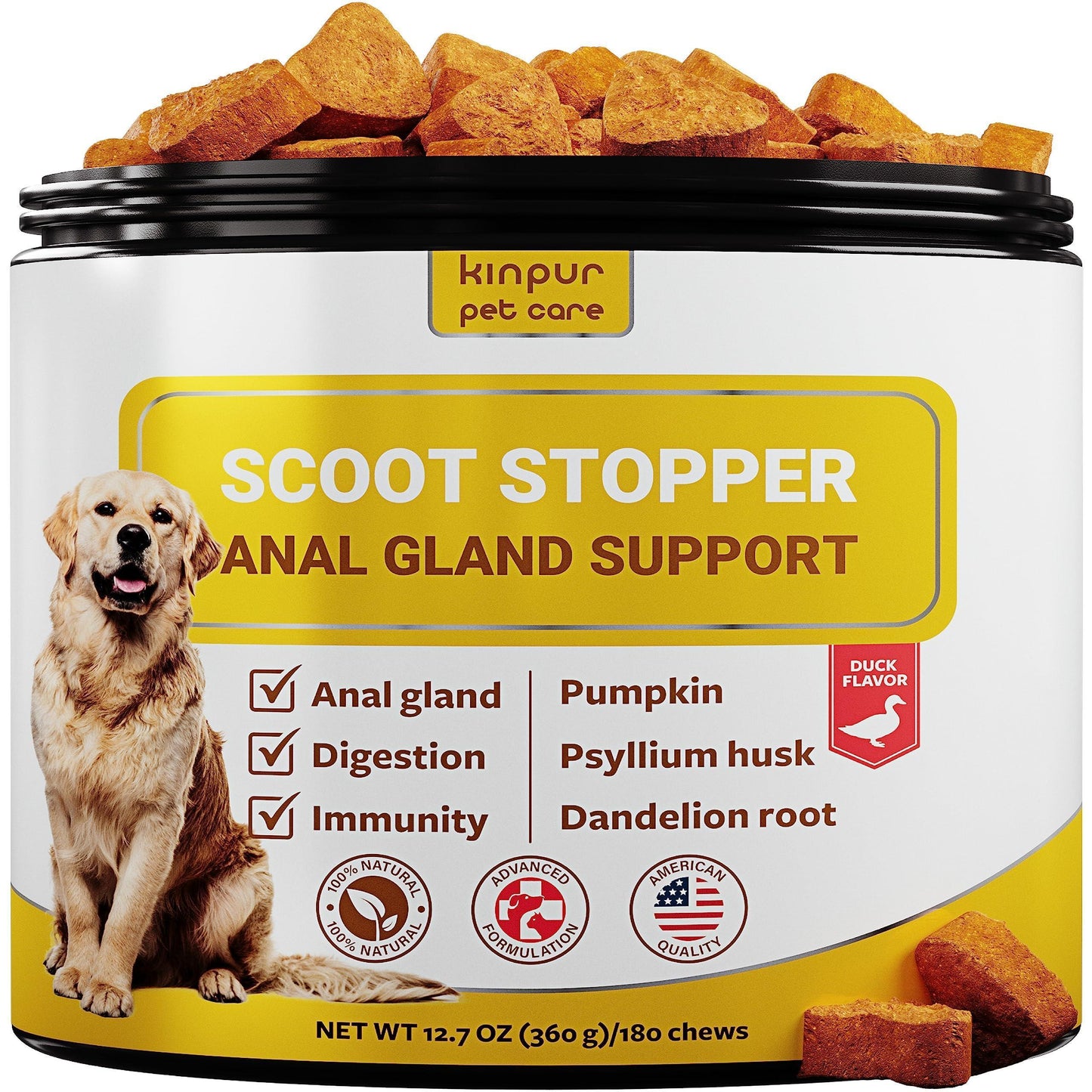 A container of Scoot Stopper Soft Chews for Dogs by DogHealthStore.com, a fiber supplement supporting anal gland and digestive health; 180 duck-flavored chews with pumpkin, psyllium husk, and dandelion root shown.