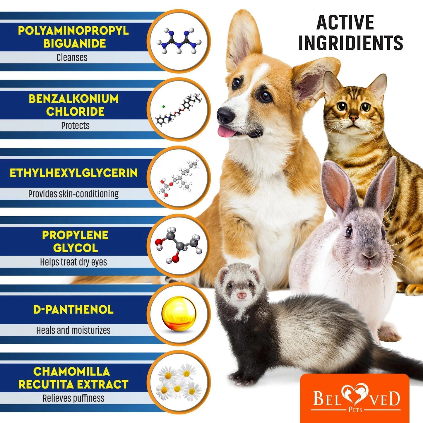 An infographic for DogHealthStore.com’s Cat Dog Eye Wash Wipes Tear Stain Remover Cleaner 120Pad features a dog, cat, rabbit, and ferret beside seven active ingredient names with molecular diagrams and pet care functions. The title reads Active Ingredients.