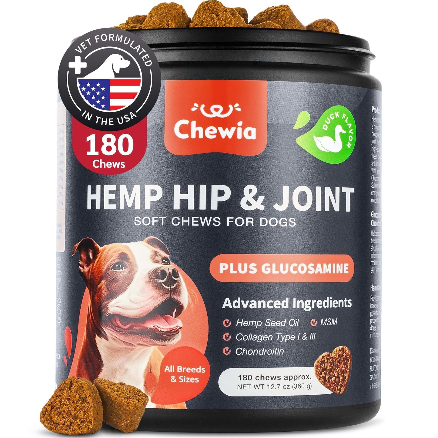 A container of Glucosamine and Chondroitin Hip and Joint Supplement for Dogs by DogHealthStore.com, featuring 180 soft chews with advanced ingredients for joint health and a label with a dog illustration—a tasty supplement for dogs.