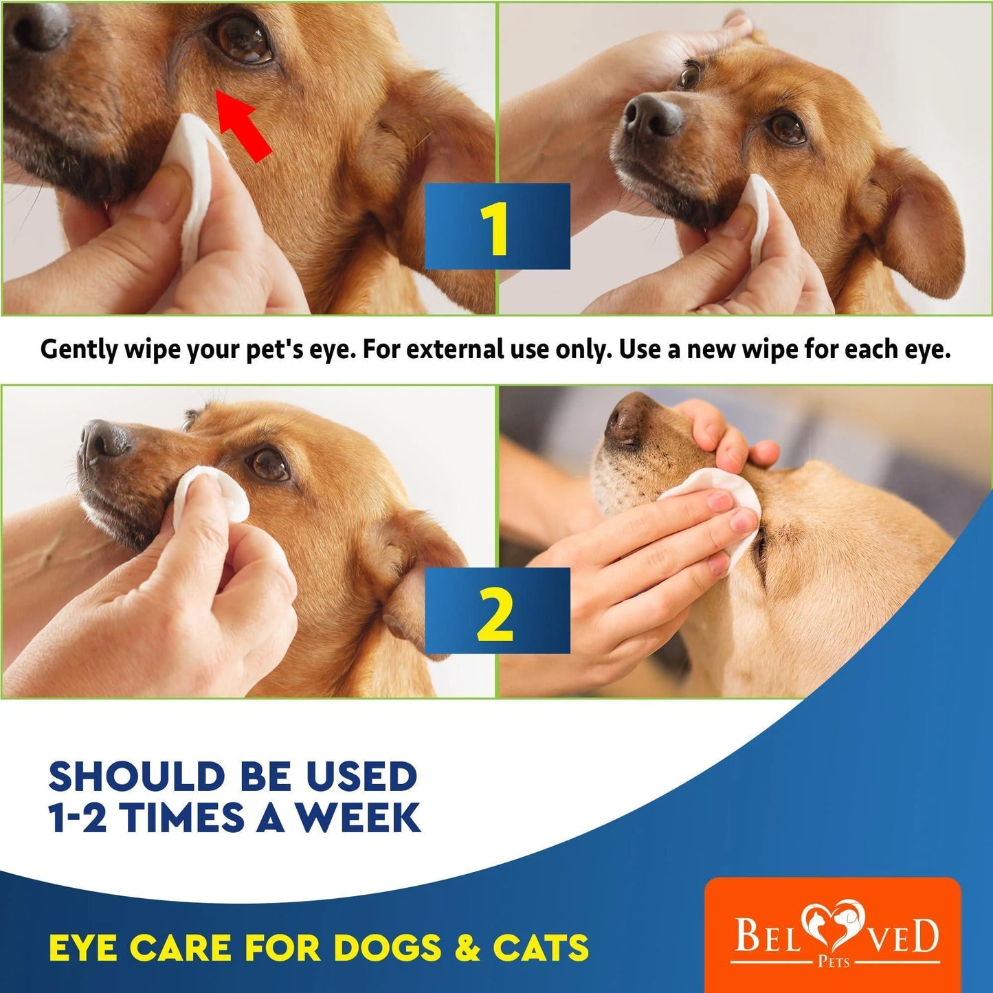 A person gently cleans a pet’s eye with DogHealthStore.com Cat Dog Eye Wash Wipes Tear Stain Remover Cleaner. Use a new pad for each eye and clean 1-2 times weekly. For dogs & cats; 120 pads per pack; supports infection treatment.