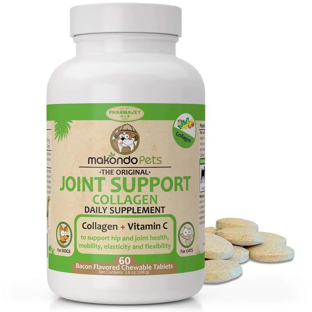 A bottle of DogHealthStore.com Collagen Supplement for Joint Health in Dogs and Cats, 60 bacon-flavored tablets with Vitamin C to support joint mobility, shown with several tablets next to the bottle.