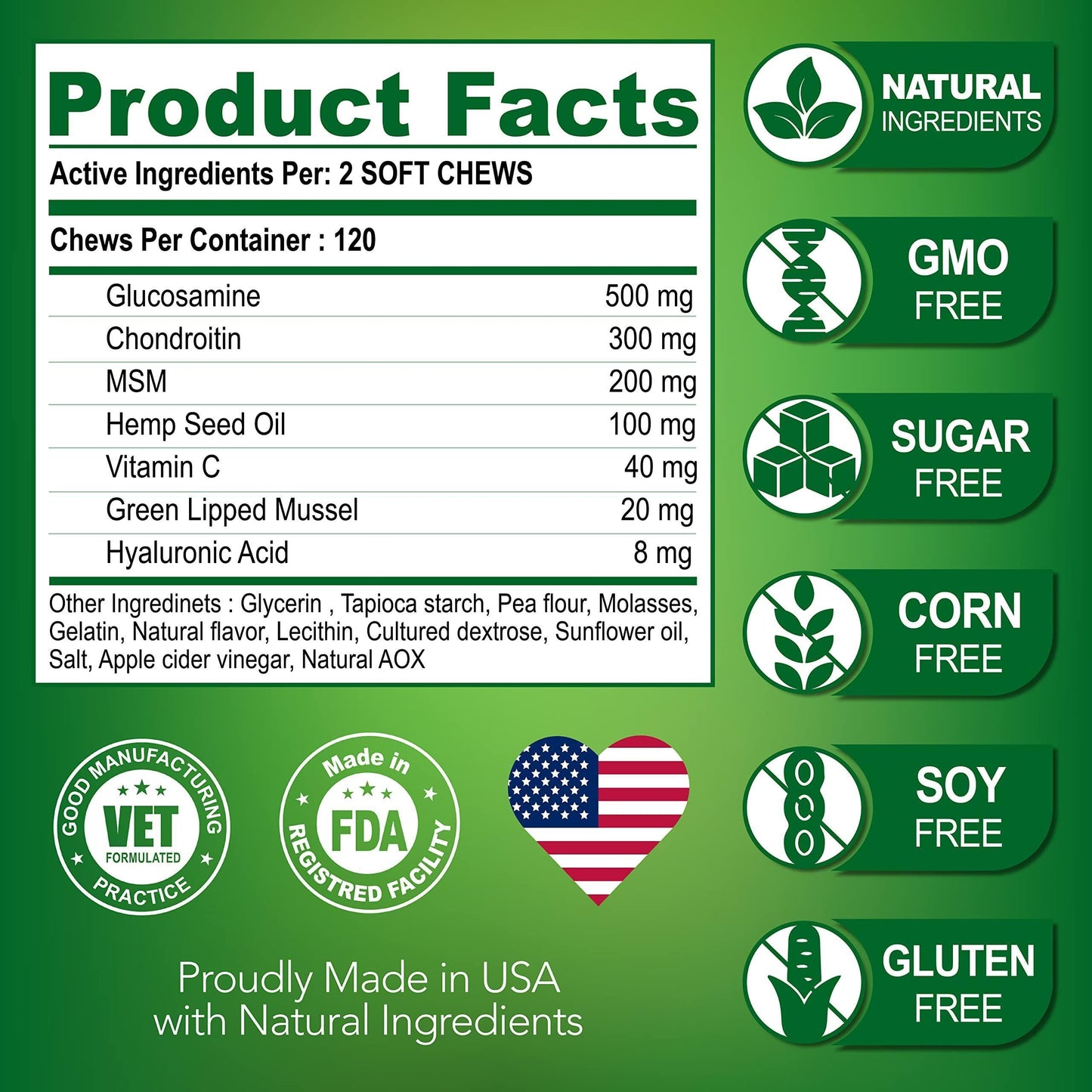 Hemp-Based Hip and Joint Support Supplement for Dogs with Glucosamine - 120 Chews