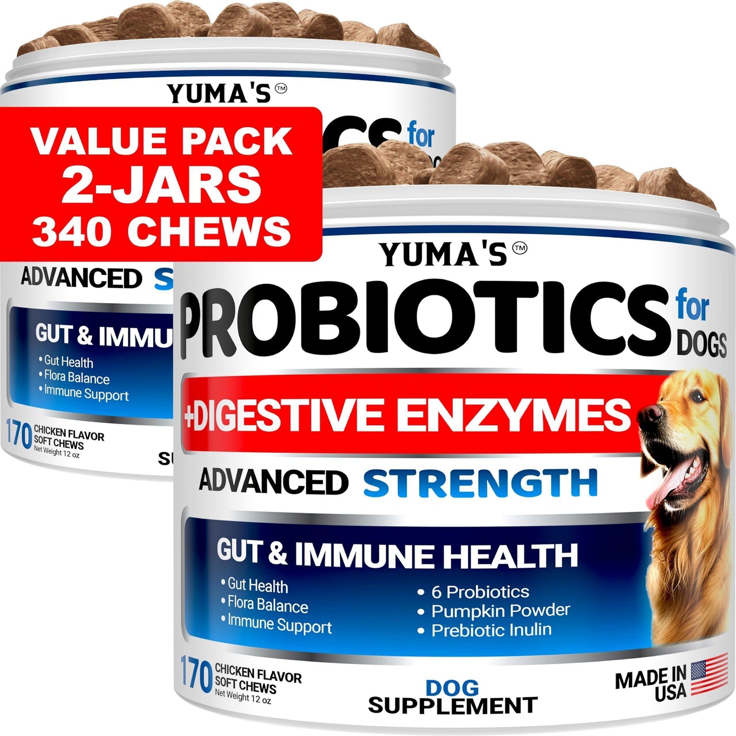 DogHealthStore.com Probiotic and Digestive Enzyme Chews for Dogs, 2 pack with 340 treats total, support gut and immune health.