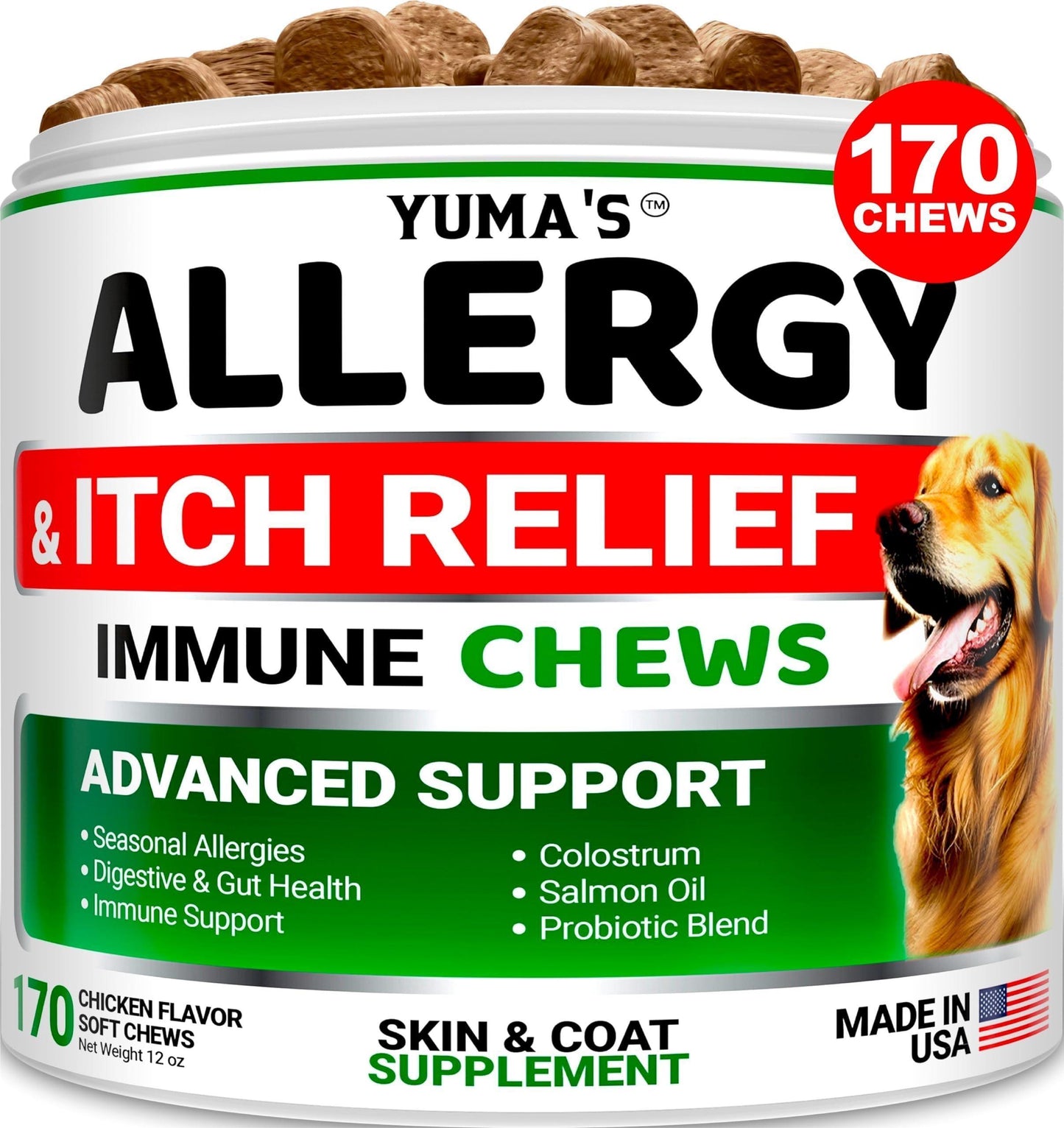 YUMAS Premium Dog Allergy Relief Chews—170 chicken-flavored chewables with Omega 3 fish oil for advanced itching, skin, coat, and immune support; ideal for paw licking and hot spot relief.