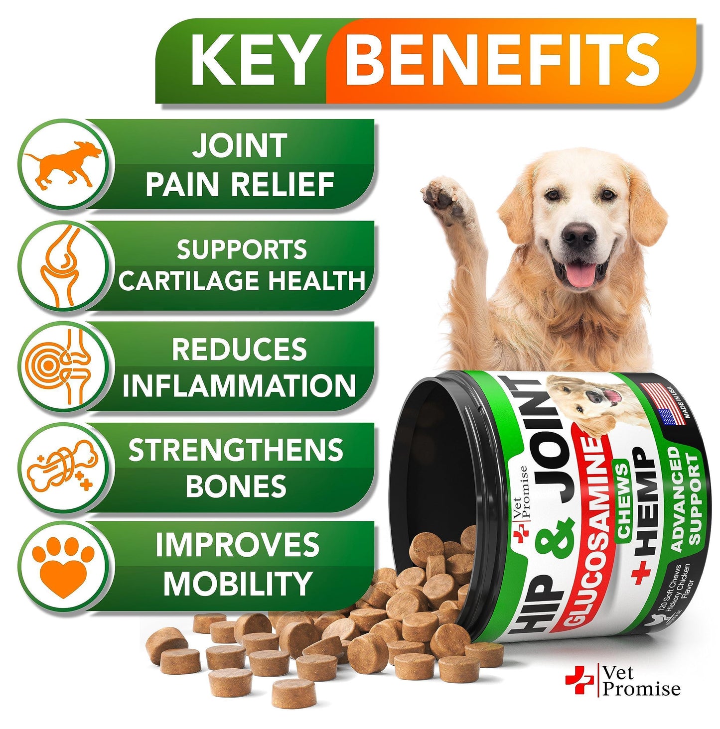 Hemp-Based Hip and Joint Support Supplement for Dogs with Glucosamine - 120 Chews