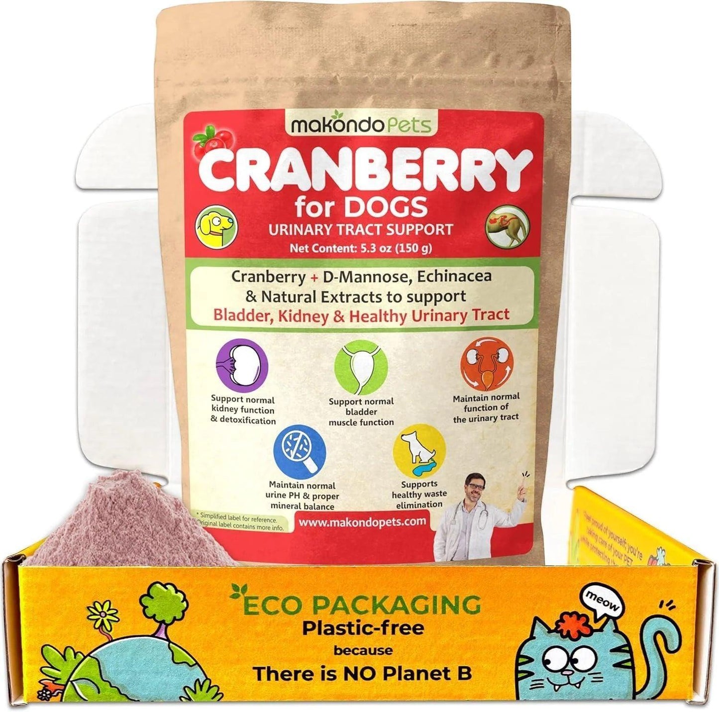 A package of DogHealthStore.com Natural Cranberry Supplement for Dogs - UTI Treatment and Kidney Support, featuring eco-friendly, plastic-free packaging labeled “There is NO Planet B.”.