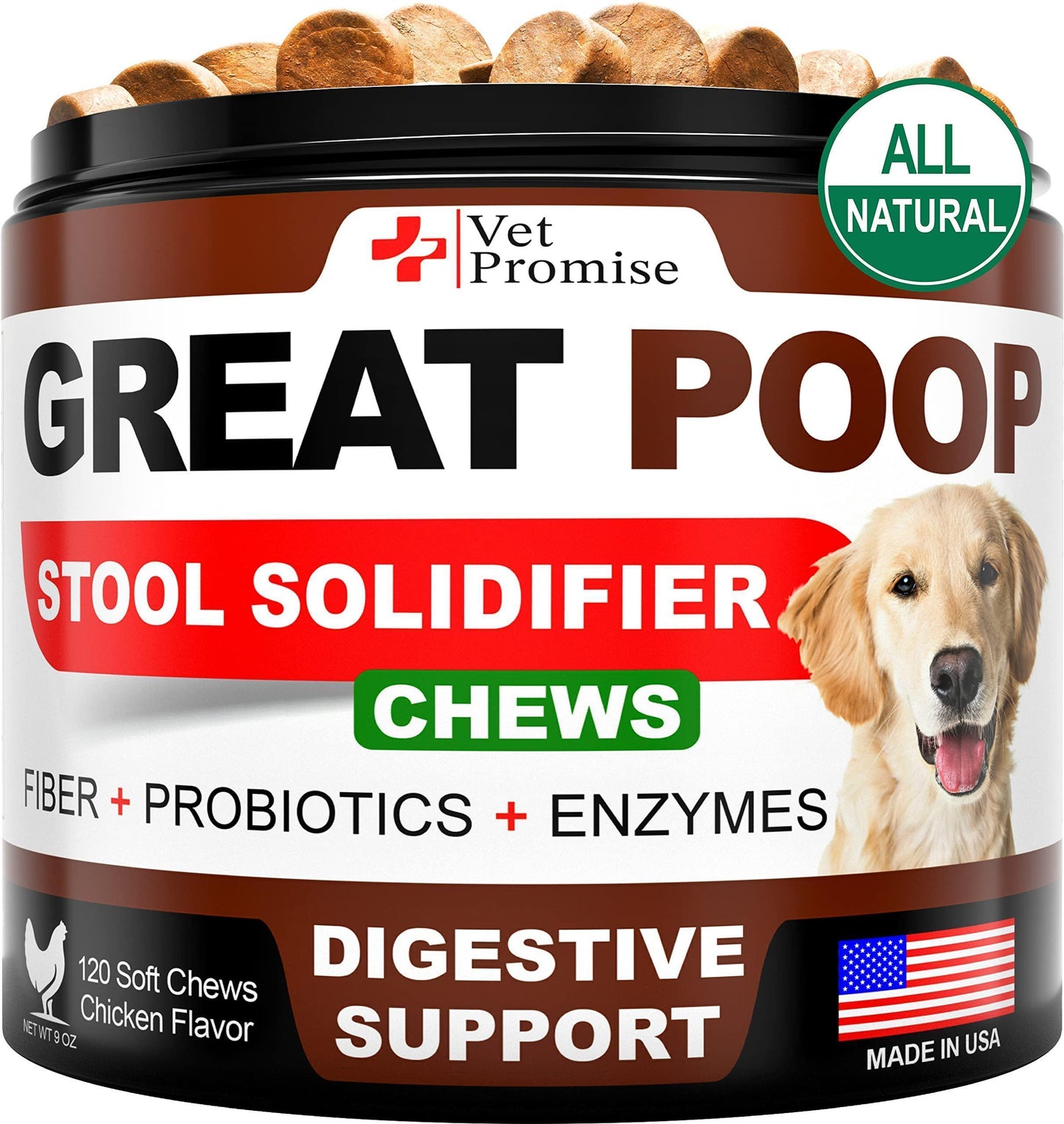 A container of DogHealthStore.com Advanced Canine Probiotic Supplement—120 chews for dogs with 6 probiotics and enzymes, shown with a golden retriever and labels for high fiber, stool softener, gut health, and digestive support.