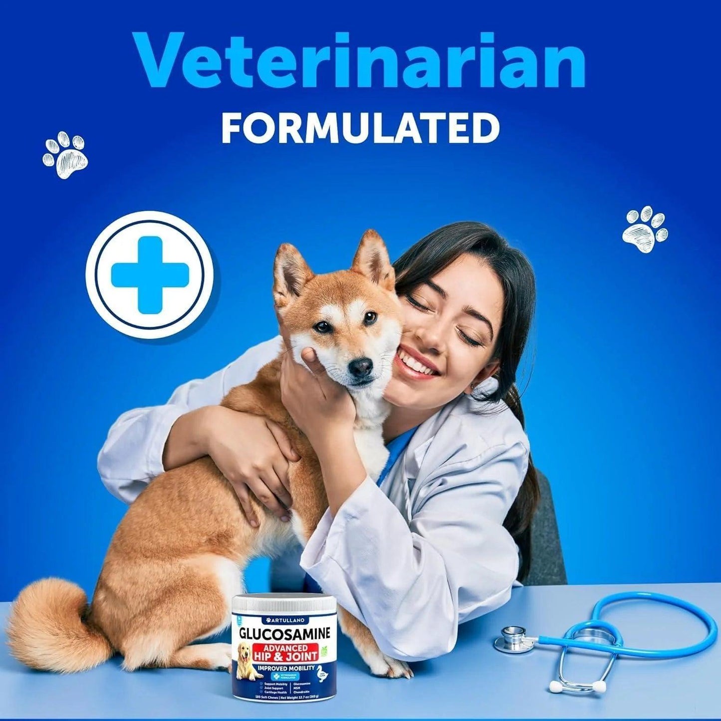 A woman in a lab coat hugs a Shiba Inu as DogHealthStore.coms Glucosamine for Dogs Hip and Joint Supplement sits nearby with a stethoscope. “Veterinarian Formulated” appears at the top with medical symbols and paw prints, emphasizing joint support.