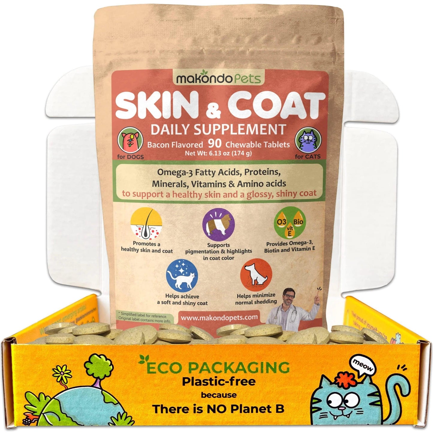 A 90-tablet bag of DogHealthStore.com Skin and Coat Supplement for Dogs with Fish Oil comes in eco-friendly packaging, features There is no Planet B, and supports healthy skin, coat, itch relief, shedding, and allergies with Omega 3 and vitamins.