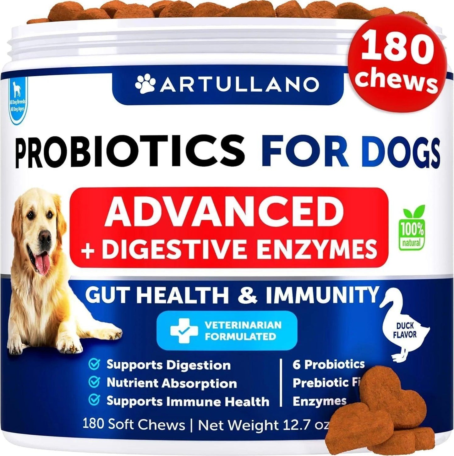 DogHealthStore.com’s Probiotic Supplement for Dogs, promoting gut health, skin relief, allergy support, and immune function, comes in duck-flavored soft chews to support digestion and overall well-being.