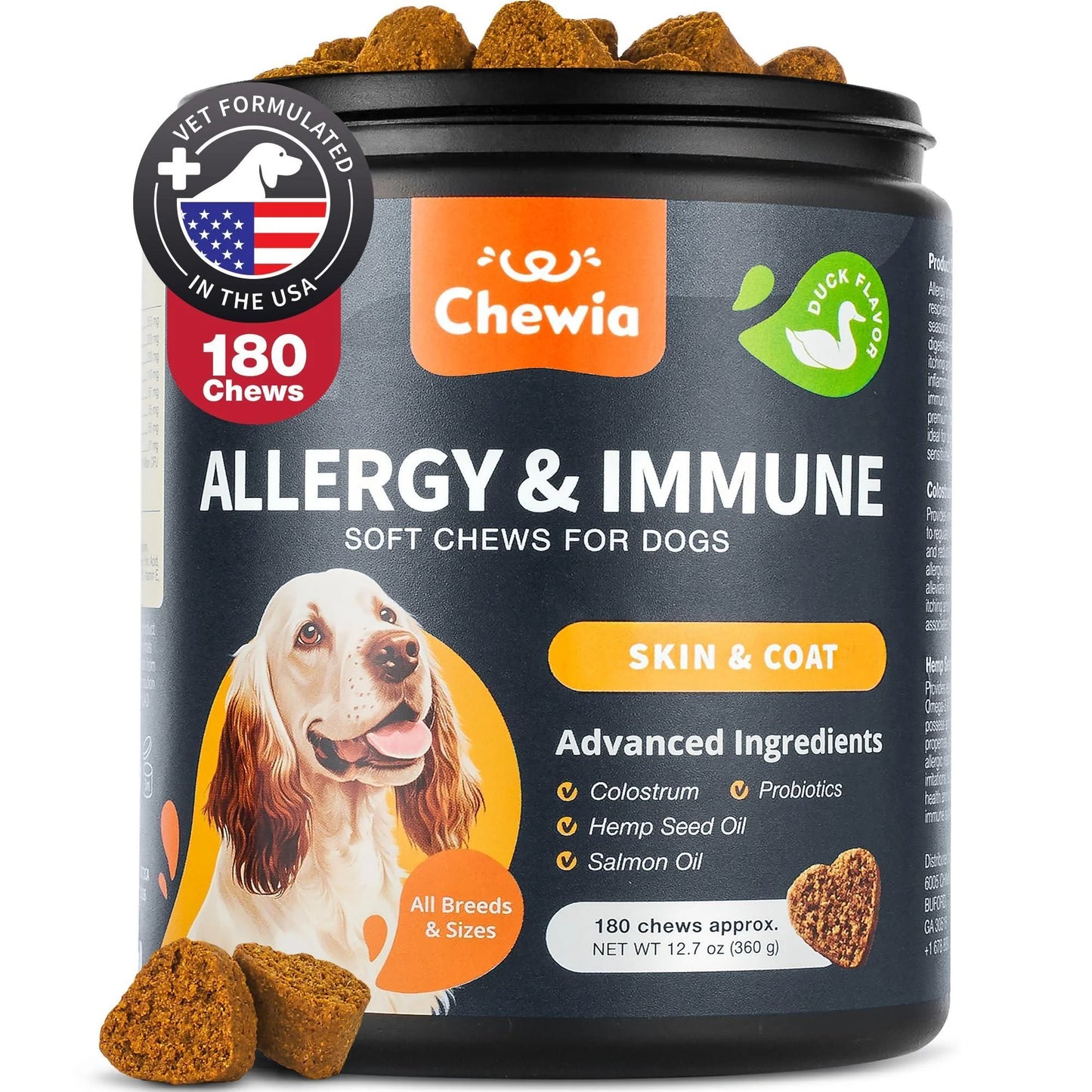 Chewia Dog Allergy Relief Chews provide itch and allergy relief for dogs. This USA-made, vet-formulated product contains 180 soft chews with key ingredients and features a dog photo on the label for immune support.