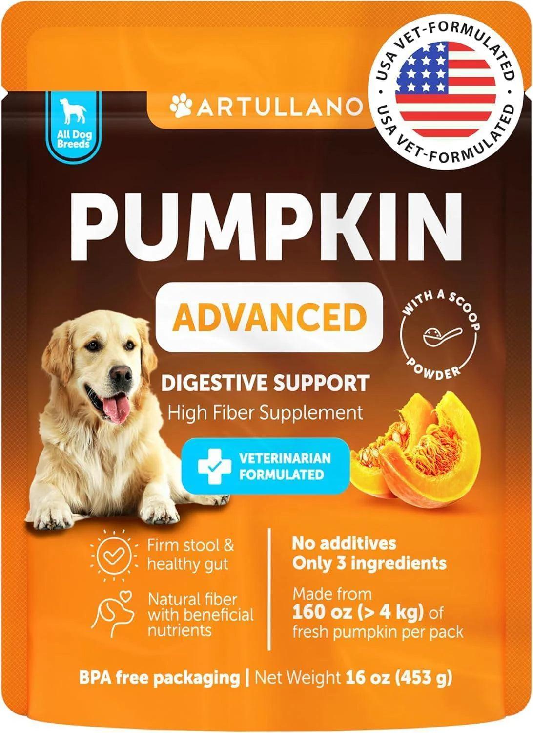 ARTULLANO Pumpkin Powder Digestive Support for Dogs is a 100% natural fiber supplement for digestive health, with packaging featuring a dog, pumpkin slice, and product details.