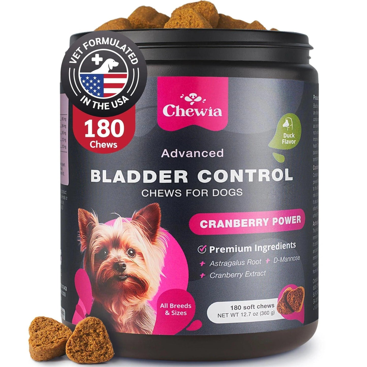 A container of Chewia Cranberry Supplement for Canine Urinary Tract, Bladder, and Kidney Health, featuring a dog photo, product details, and several chews displayed around the container.