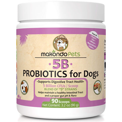 White container of DogHealthStore.com Extra Strength Probiotics for Dogs and Puppies, featuring 9 species and 5 billion CFU per scoop, with 90 scoops included, supports digestive health and is veterinarian formulated.