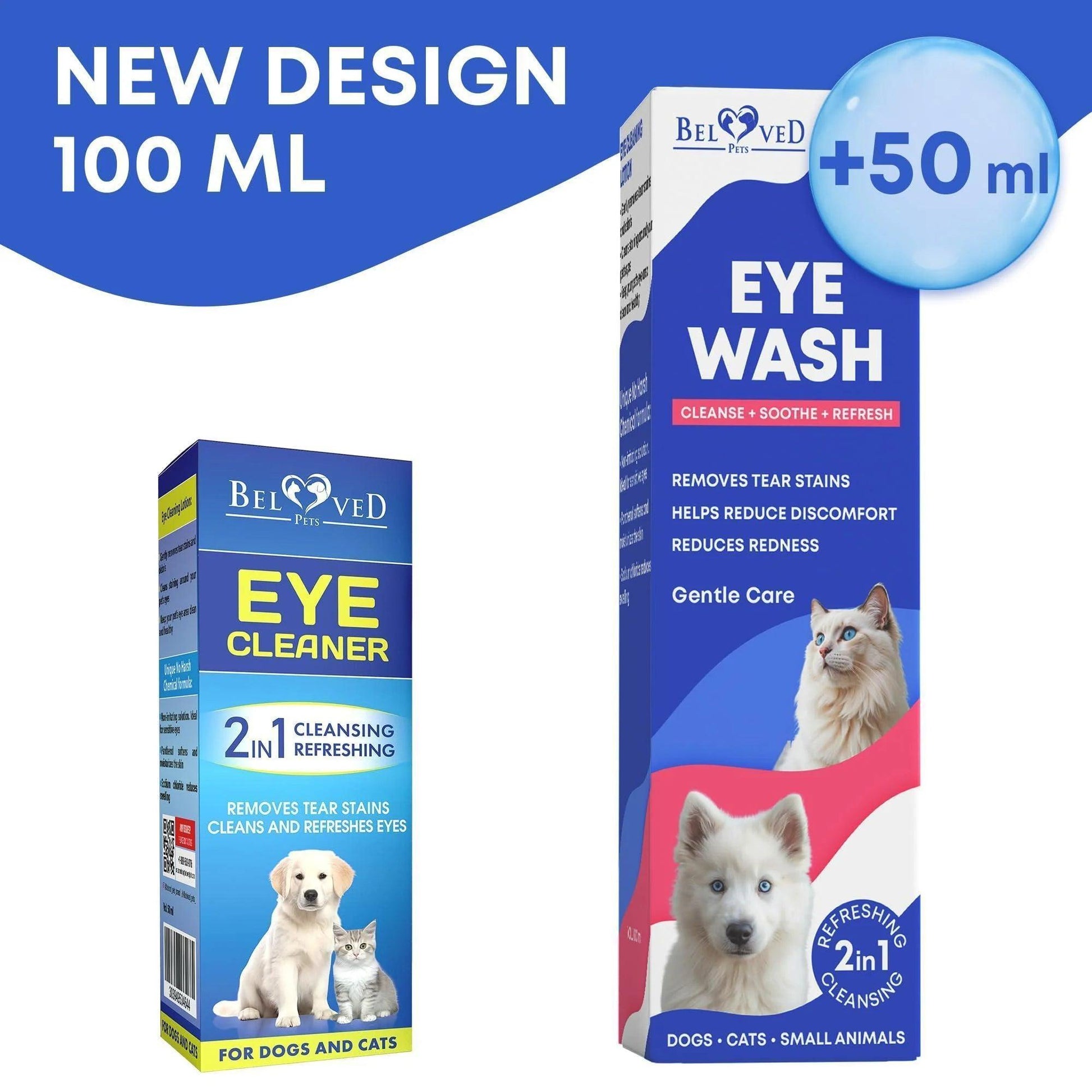 Two boxes of DogHealthStore.com Cat Dog Eye Wash Drops Tear Stain Remover Cleaner Eye Infection Treatment are shown; the left for everyday use, the larger right box features a new 100ml allergy-friendly pet eye restoration formula.