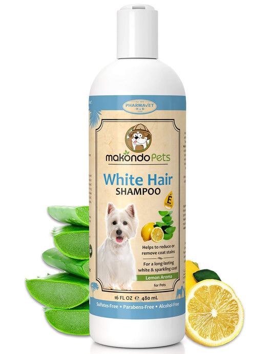 A bottle of DogHealthStore.com Dog Whitening Shampoo for white or light-colored coats, featuring a white dog, aloe vera leaves, and a lemon slice. The label highlights its lemon scent, natural ingredients, and whitening agent for brighter fur.