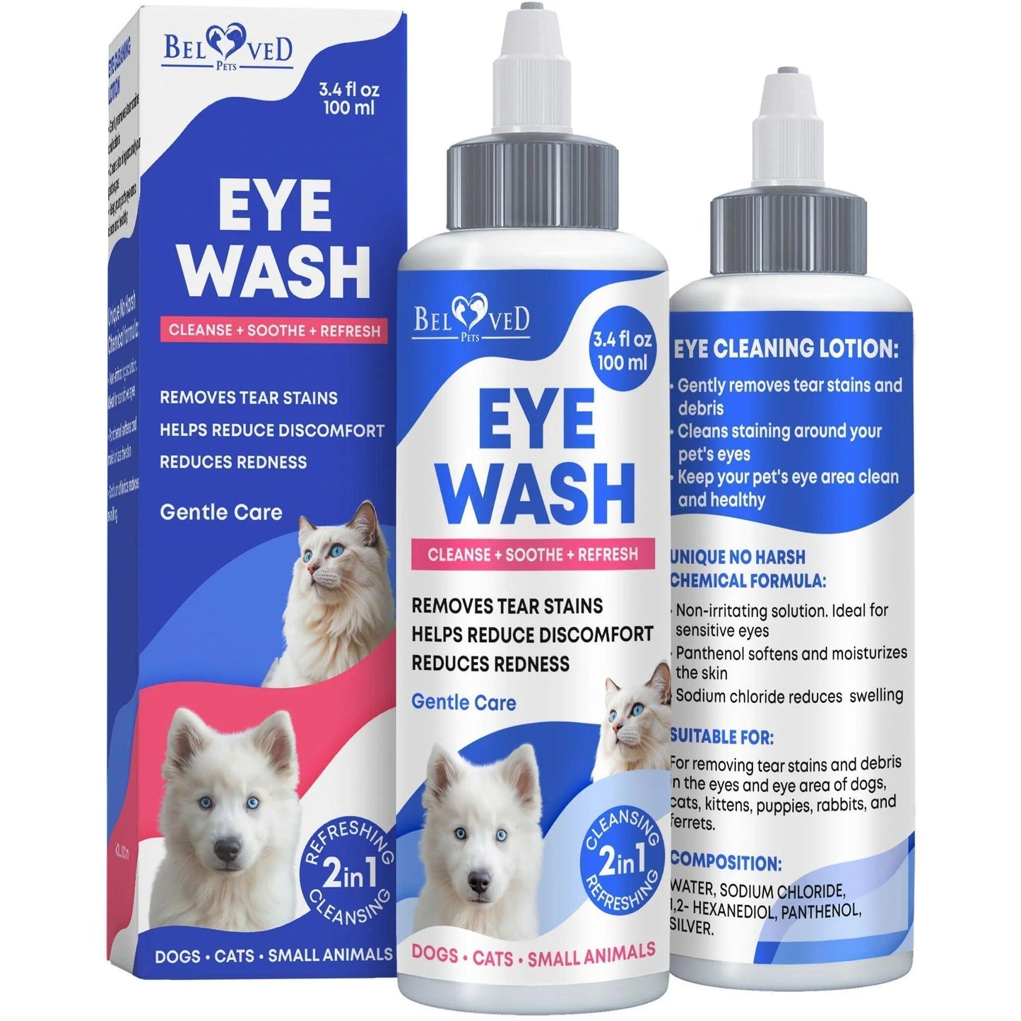 Three bottles of DogHealthStore.com Cat Dog Eye Wash Drops Tear Stain Remover Cleaner Eye Infection Treatment, shown with packaging, highlighting its cleansing and soothing, allergy-friendly benefits for dogs, cats, and small animals.