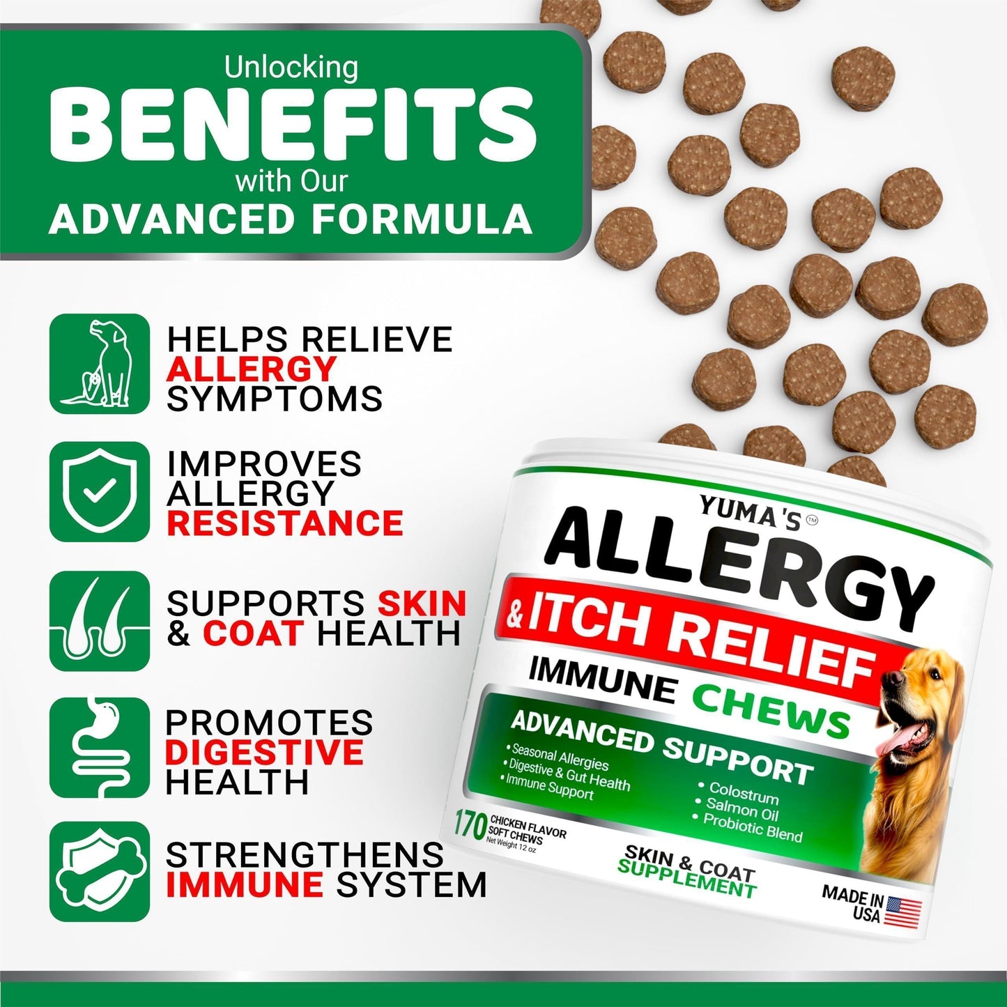 Dog Allergy Relief Chews - Dog Itching Skin Relief Treatment Pills - 170 Treats - Anti-Itch Chewables - Itchy and Paw Licking - Hot Spots - Omega 3 Fish Oil - Dry Skin & Coat Supplement