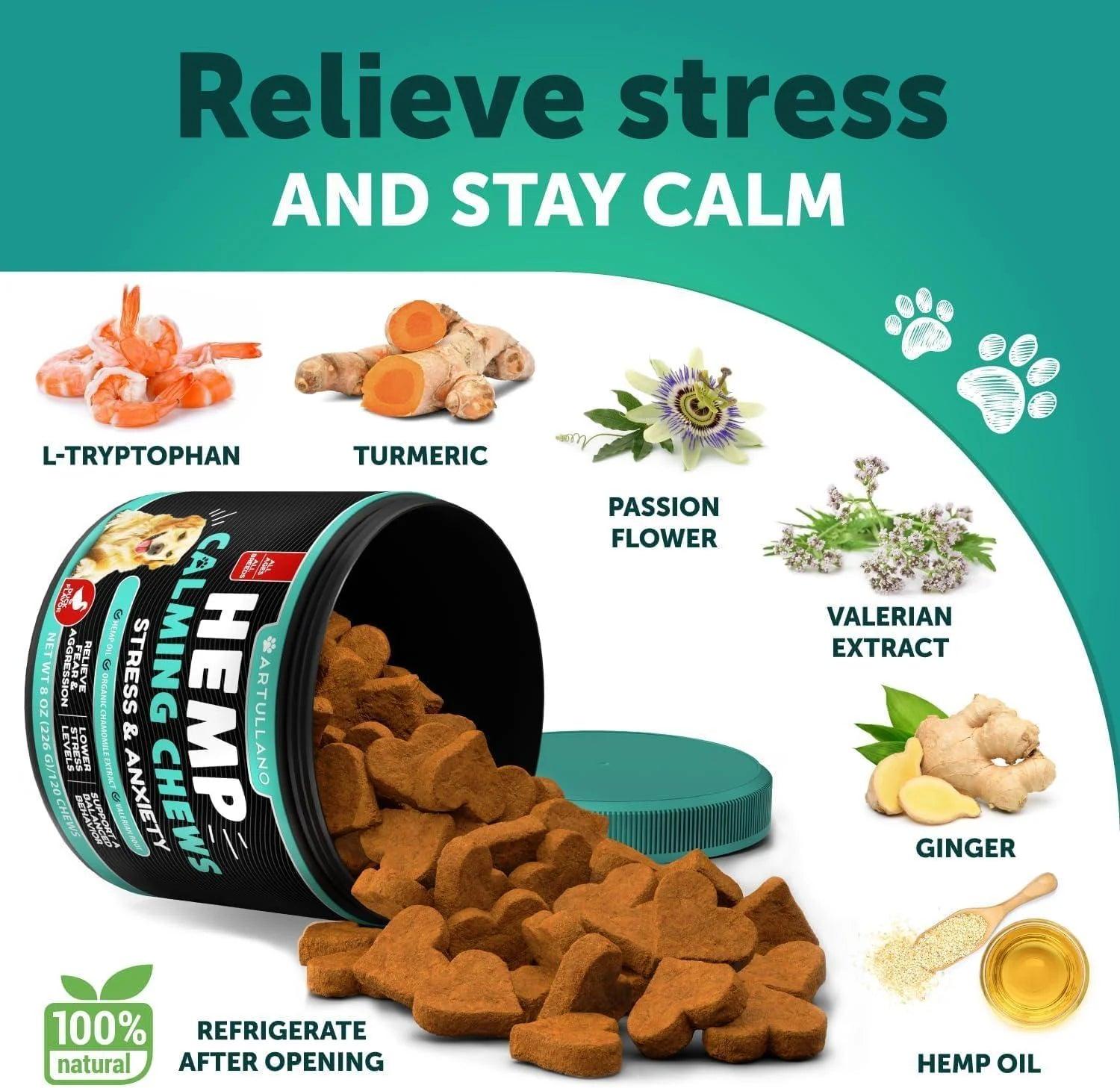 Calming Chews for Dogs Anxiety Relief Treats with Turmeric Valerian Ginger 120