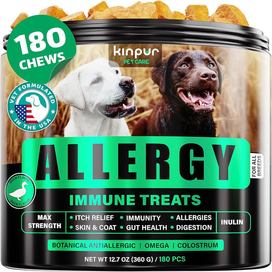 A Kinpur container of Powerful Natural Dog Allergy Chews with Omega Probiotics & Apple Cider Vinegar includes 180 soft bites; the label shows two dogs on the front.