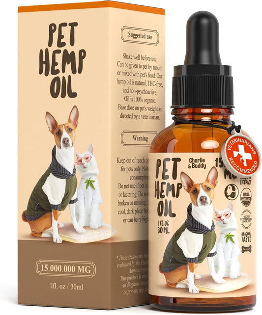Charlie & Buddy Charlie Buddy Hemp Oil for Dogs Cats Hip and Joint Support and Skin Health comes in a bottle and box with dog and cat sweater illustrations. THC-free, non-psychoactive, vet-recommended, supports pain relief, calming, and skin health.