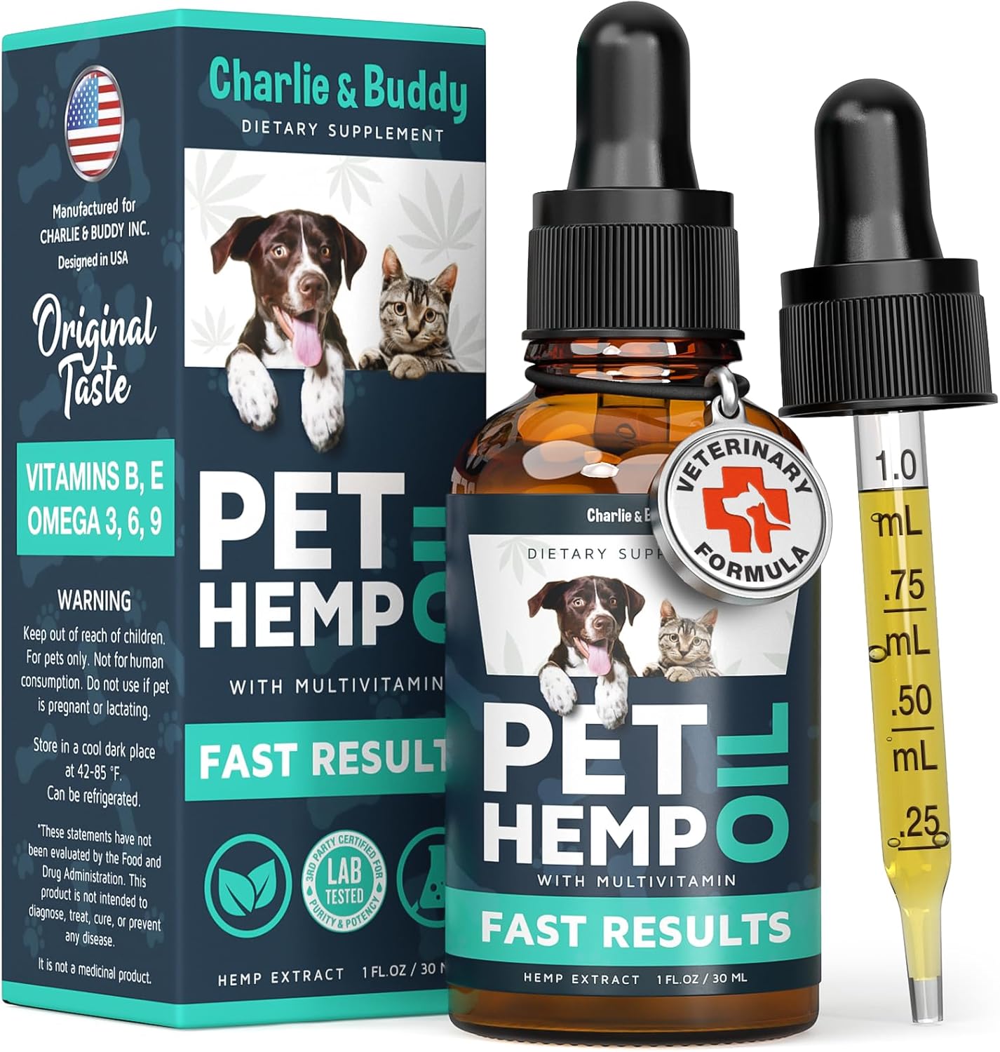A bottle and dropper of Charlie & Buddy Hemp Oil for Dogs and Cats, labeled for anxiety, pain, stress, sleep issues, and arthritis relief with a cat and dog on the label. The box beside it features supplement info.