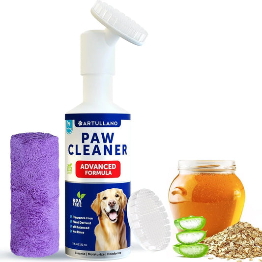 The DogHealthStore.com Paw Cleaner for Dogs includes a silicone brush, 5Fl Oz no rinse foaming cleanser, purple towel, honey jar, aloe vera slices, oats, and a clear scrub lid for easy paw cleaning.