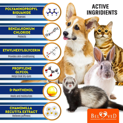 An infographic for DogHealthStore.com’s Cat Dog Eye Wash Wipes Tear Stain Remover Cleaner 120Pad features a dog, cat, rabbit, and ferret beside seven active ingredient names with molecular diagrams and pet care functions. The title reads Active Ingredients.