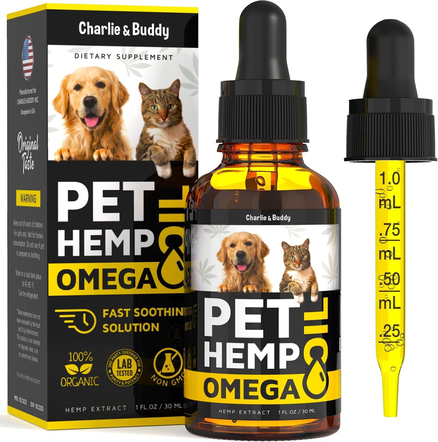 Charlie & Buddy Hemp and Salmon Oil for Dogs, 1 Fl Oz—an Omega 3-6-9 supplement to support skin and coat health—comes in a bottle with dropper.