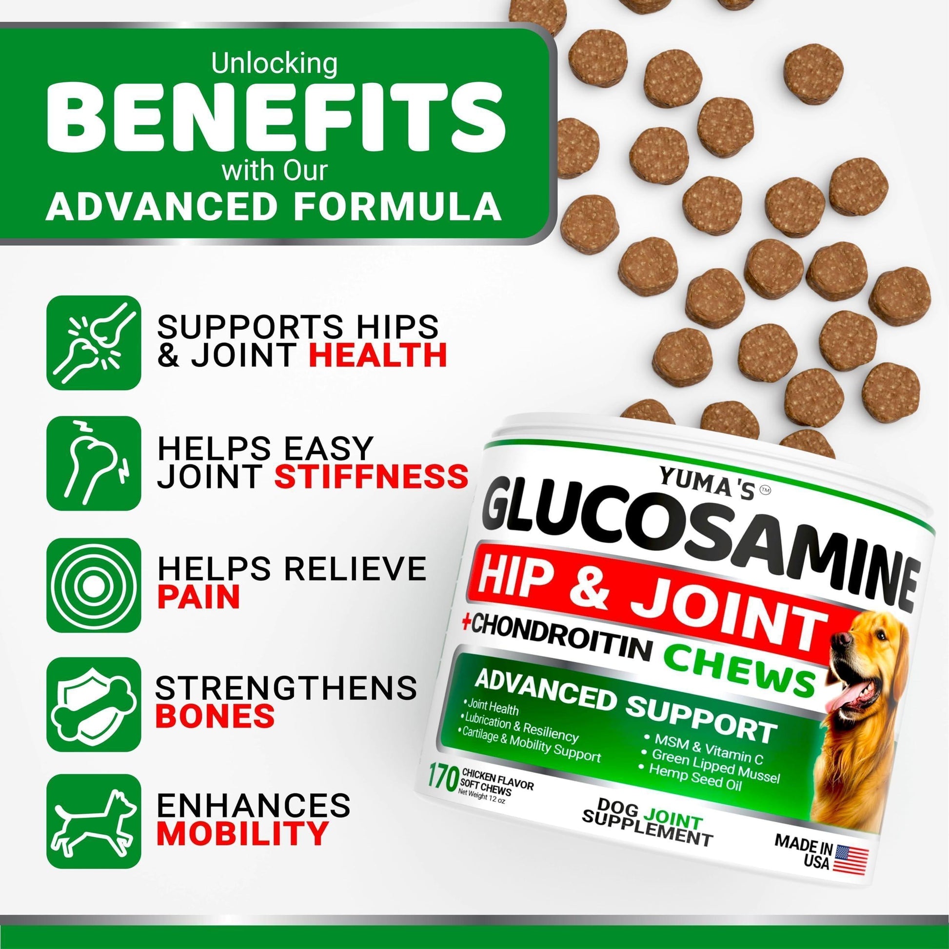 Glucosamine for Dogs Hip and Joint Supplement for Dogs 170 Chews Pain Relief