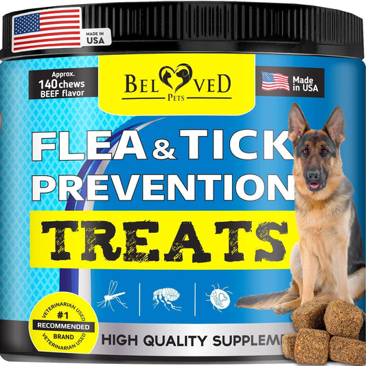 Container of Beloved Pets Insects Prevention Chewable Pills for Dogs and Cats, showing product info, a German Shepherd, and icons for natural ingredients and bacon flavor.