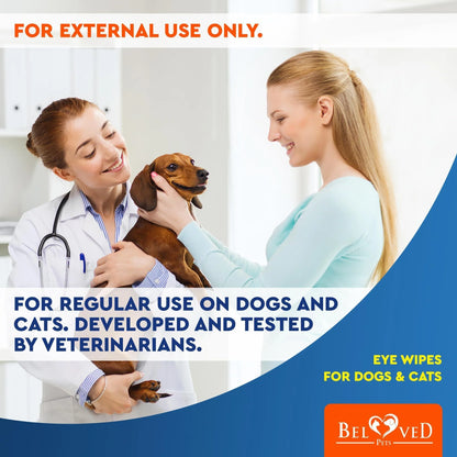 A veterinarian holds a small brown dog and talks to a smiling woman in blue. The text highlights DogHealthStore.coms Cat Dog Eye Wash Wipes Tear Stain Remover Cleaner Eye Infection Treatment, 120 pads, developed by vets for external use only.