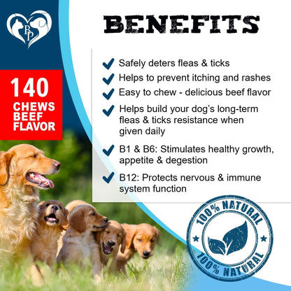 A promotional image for Beloved Pets Insects Prevention Chewable Pills for Dogs and Cats shows four dogs running outside. Text highlights flea & tick prevention, advanced vet formula, 140 chewables per pack—100% natural small tablets.