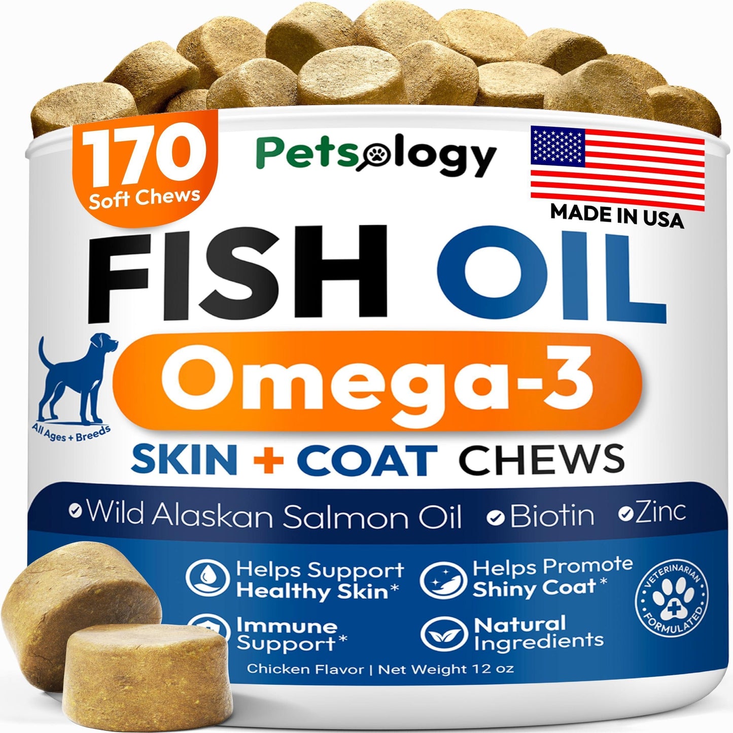 Petsology Omega 3 Fish Oil for Dogs offers 170 chews formulated for itchy skin and allergy relief, supporting your dogs skin and coat health.
