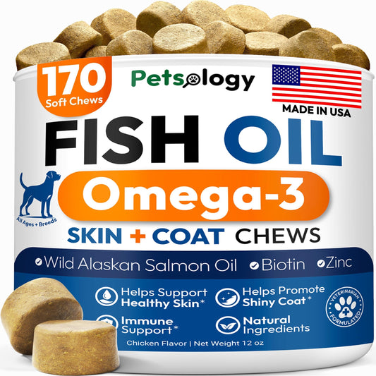 Petsology Omega 3 Fish Oil for Dogs offers 170 chews formulated for itchy skin and allergy relief, supporting your dogs skin and coat health.