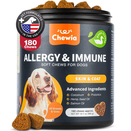 Chewia Dog Allergy Relief Chews provide itch and allergy relief for dogs. This USA-made, vet-formulated product contains 180 soft chews with key ingredients and features a dog photo on the label for immune support.