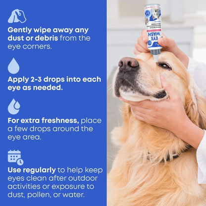 A person uses DogHealthStore.coms Cat Dog Eye Wash Drops Tear Stain Remover Cleaner Eye Infection Treatment on a golden retriever, following instructions to wipe debris, apply drops, and use regularly for clean, healthy eyes.