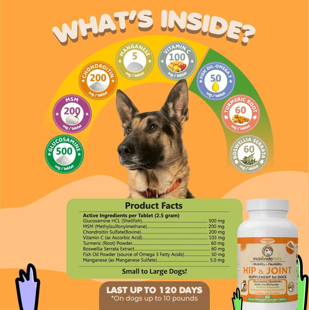 Dog Hip and Joint Supplement with Glucosamine Turmeric for Dogs, Chondroitin, MSM, Boswellia. Tablets for Mobility, Agility, Limping, Pain & Inflammation Relief for Senior Dogs